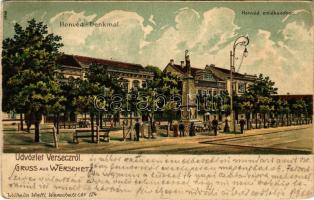 1905 Versec, Werschetz, Vrsac; Honvéd-Denkmal / Honvéd emlékmű, Hotel Milleker szálloda. Wilhelm Wettl No. 124. / Hungarian military monument, hotel. Art Nouveau, litho (EK)