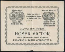 cca 1900-1910 Bp., Hoser Victor óra- és chronometer készítő, műszerész reklámlap / szállítójegy, May-Nyomda Rt., kis szakadással
