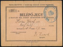 1933 Belépőjegy a M. Kir. József Műegyetem könyvtárába, Rados Gusztáv (1862-1942) könyvtárigazgató aláírásával, kisebb szakadásokkal