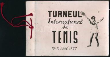 1957 Turneul International de Tenis, 10-16 iunie 1957 / Romániai nemzetközi teniszbajnokság képes emlékfüzete a résztvevők arcképeivel, néhány fotóval, zsinórfűzött, kissé foltos, 18x12 cm