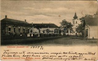 1903 Jászkisér, utca, templom, Leitner Józsefné utóda üzlete. Ragács felvétele. Tréba E. kiadása (fa)