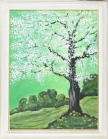 Krafcsik Adolf (1953-2017): Tavasz. Olaj, karton. Jelzés nélkül. Dekoratív, kissé kopott fa keretben. 78x59 cm