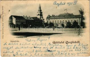 1899 (Vorläufer) Cegléd, Árpád tér, Kereskedelmi Bank, Szántó Sándor, Schwartz Attila üzlete. Sebők Béla kiadása (EB)