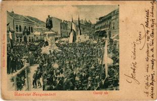 1902 Szekszárd, Szegzárd; Garay tér, Garay János szobor felavatási ünnepsége 1898-ban, magyar zászlók, tömeg. Weltmann I. kiadása (EK)