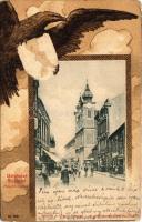 1901 Pécs, Püspöki líceum, üzletek. Domján J. kiadása. Szecessziós litho keret sassal (b)