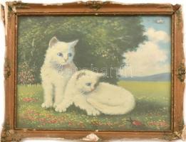 Jelzés nélkül: Két fehér cica. Olaj, karton. Üvegezett, sérült fakeretben. 23x31 cm
