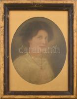 Jelzés nélkül: Hölgy portréja, 1900 körül. Fénynyomat, akvarell. Dekoratív, kissé sérült üvegezett fakeretben. 44x36 cm