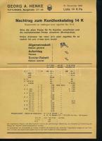 cca 1940 Georg A. Henke Aseptisches Taschenbesteck / Aseptic Pocket Case (zseb-sebészkészlet) képes reklám prospektus, árjegyzékkel