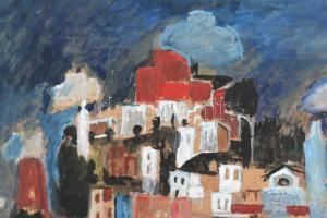 Jelzés nélkül: Mediterrán város. Vegyes technika, farost. 49,5x59,5 cm