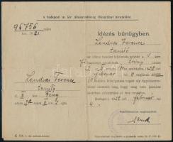 1922 Bp., a Budapesti M. Kir. Államrendőrség Főkapitányi Hivatalának idézése bűnügyben
