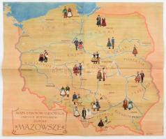 cca 1950-1970 Lengyelország népviseleteinek térképe, grafikus: Irena Dewitz, hajtva, kissé foltos, 40x34,5 cm / National costumes of Poland, illustrated map by Irena Dewitz, stained, 40x34.5 cm