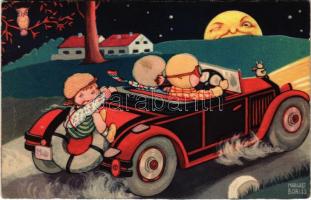 1930 Children art postcard, automobile. Amag 0323. s: Margret Boriss (EK)