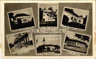 1942 Szilágynagyfalu, Nusfalau; volt Báró Bánffy kastély, Római katolikus templom, Báró Bánffy kastély, Községháza, Református templom, Állami elemi iskola. Stiglitz B. fényképész. Hangya Szövetkezet kiadása / castle, Catholic church, town hall, Calvinist church, school (ragasztónyom / glue marks)