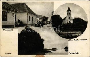 1934 Vének, utca, automobil, Duna, Római katolikus templom, Springenszeisz János üzlete és saját kiadása (fl)