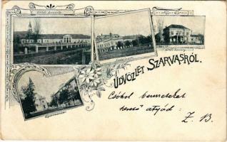 1899 (Vorläufer) Szarvas, Gróf Bolza kastély, Árpád szálloda, Grófi kastély, Gimnázium, Evangélikus templom. Art Nouveau, floral (EK)