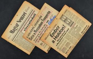 1969 3 db újság, címlapjukon az Apollo-11 holdra szállásával kapcsolatos hírekkel (Magyar Nemzet, Esti Hírlap, Hétfői Hírek), vegyes állapotban