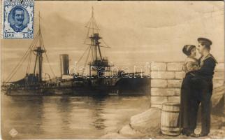 1914 Montage with battleship, mariner and lady, romantic couple + K.U.K. MARINEFELDPOSTAMT POLA (EK)