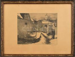 Gy. Molnár István (1933-2010): Szűk utca. Rézkarc, papír, jelzett. Üvegezett, kopott fakeretben. 18x23 cm