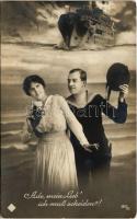 1916 Ade, mein Lieb, ich muß scheiden! / WWI German Navy art postcard, montage with battleship, mariner and lady, romantic couple + K.U.K. KRIEGSMARINE SMS HABSBURG