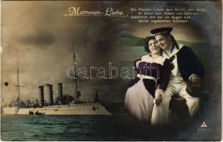 1915 Matrosen-Liebe / WWI German Navy art postcard, montage with battleship, mariner and lady, romantic couple + "K.U.K. ARBEITERABTEILUNGSKOMMANDO SMS CUSTOZA"