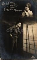 1916 Ob ich dich liebe, frage die Sterne / WWI German Navy art postcard, montage with mariner and lady, romantic couple + "K.U.K. KRIEGSMARINE SMS TEGETTHOFF" (EK)