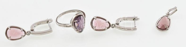 Ezüst(Ag) lila köves fülbevalópár, gyűrűvel és függővel, jelzett, bruttó: 7,2 g