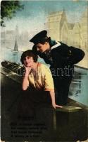 1917 A hazáért... / WWI Austro-Hungarian Navy art postcard, mariner with lady, romantic couple. B.N.K. 5044. + K.U.K. KRIEGSMARINE SMS MONARCH (kis szakadás / small tear)