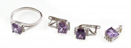 Ezüst(Ag) lila köves fülbevalópár, gyűrűvel és függővel, jelzett, bruttó: 9,6 g