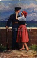 1917 Sok szerencsét a viszontlátásra! / WWI Austro-Hungarian Navy art postcard, mariner with lady, romantic couple, farewell. D.K. & Co. P. 761. s: L. Winter + K.U.K. KRIEGSMARINE SMS BUDAPEST (EK)