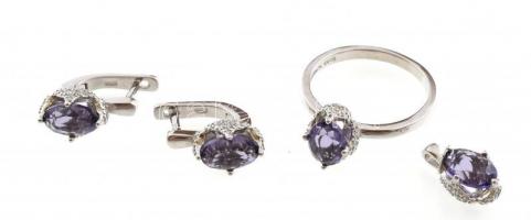 Ezüst(Ag) lila köves fülbevalópár, gyűrűvel és függővel, jelzett, bruttó: 8,9 g