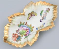 Herendi porcelán Viktória mintás leveles tálka, kézzel festett, jelzett, kis kopásnyomokkal, 14,5×8 cm