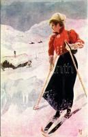 1907 Winter sport art postcard with skiing lady. Eneberettiget Mittet & Co. Serie 380. (EK)