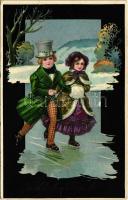 1912 Fröhliches Neujahr! / Winter sport art postcard with ice skating couple and New Year greetings. HWB Ser. 2011. litho (EB)