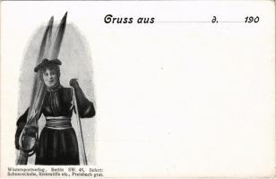 Gruss aus... Wintersportverlag, Berlin SW. 46. liefert: Schneeschuhe, Rennwölfe etc. / Winter sport shop advertisement, lady with ski (EK)