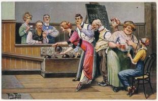 Bowling alley with men and women smoking and drinking. T.S.N. Serie 1682. (6 Dess.) s: Arthur Thiele