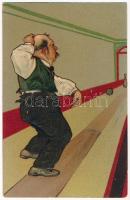 Man at the bowling alley. PFB Serie 8372. Emb. litho