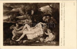 Eine schlafende Nymphe. Gemälde-Galerie der k.k. Akademie der bild. Künste in Wien. J. Löwy 1912. / Erotic nude lady art postcard s: N. Poussin