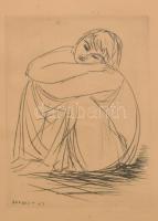 Borsos Miklós (1906-1990): Női portré. Rézkarc, papír, jelzett. Kissé foltos. Üvegezett, kissé sérült fakeretben, 29x20 cm