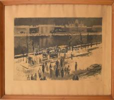 Kórusz József (1927-2010): Villamos végállomás a Margit hídnál, 1967. Rézkarc, papír, jelzett. Kissé foltos. Üvegezett, kissé sérült fakeretben, 29x49 cm