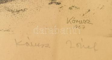 Kórusz József (1927-2010): Villamos végállomás a Margit hídnál, 1967. Rézkarc, papír, jelzett. Kissé...