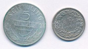 Vegyes: Ausztria 1965. 5Sch Ag + Svájc 1963. 1/2Fr Ag T:2,2- patina
Mixed: Austria 1965. 5 Schillin...