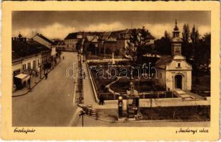 1942 Érsekújvár, Nové Zamky; Széchenyi utca, Szent Anna kápolna, benzinkút. Jaksics Ferenc kiadása / street view, chapel, gas station (EK)