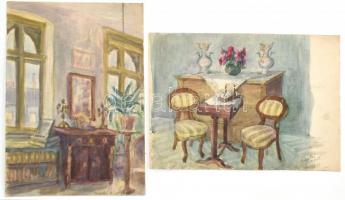 Gesztődi Guido (?-?), működött a XX. sz. közepén: 2 db enteriőr, 1958. Akvarell, ceruza, papír. Mindkettő jelzett. 30x42 és 42x30 cm.