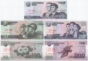 Észak-Korea 2002-2013. 5W-5000W (10xklf) MINTA felülnyomással és 0000000-ás sorszámmal T:I North Korea 2002-2013. 5 Won - 5000 Won (10xdiff) with SPECIMEN overprint and 0000000 serial C:UNC