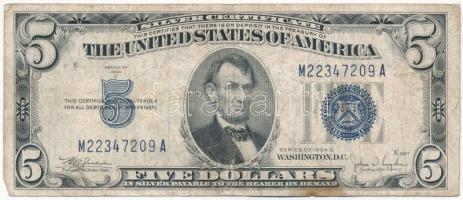 Amerikai Egyesült Államok 1946-1949. (1934C) 5$ Silver Certificate - kisméretű kék pecsét William Alexander Julian, John Wesley Snyder T:III fo. USA 1946-1949. (1934C) 5 Dollars Silver Certificate - Small size blue seal William Alexander Julian, John Wesley Snyder C:F spotted Krause 414A