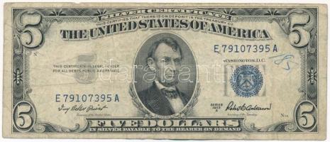 Amerikai Egyesült Államok 1957-1961. (1953B) 5$ "Silver Certificate - kisméretű", kék pecsét, "Elizabeth Rudel Smith - C. Douglas Dillon" T:III  USA 1957-1961. (1953B) 5 Dollars "Silver Certificate - Small size", blue seal, "Elizabeth Rudel Smith - C. Douglas Dillon" C:VG