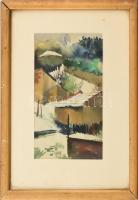 Vincze László (1934-2020): Téli táj. Akvarell, papír, jelezve jobbra lent, üvegezett fakeretben, 24×13,5 cm