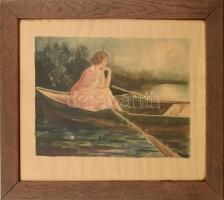 Jelzés nélkül: Csónakázó hölgy. Akvarell, papír, hullámos, üvegezett, sérült fakeretben. 32x42cm