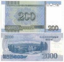 Észak-Korea 2005. 200W + 2008. 2000W "A KNDK 70. évfordulója" felülbélyegzéssel T:I
North...