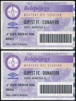 2000 Újpest-Dunaferr labdarúgó mérkőzés 2 db egymást követő belépőjegye, egyiken hajtásnyomok
